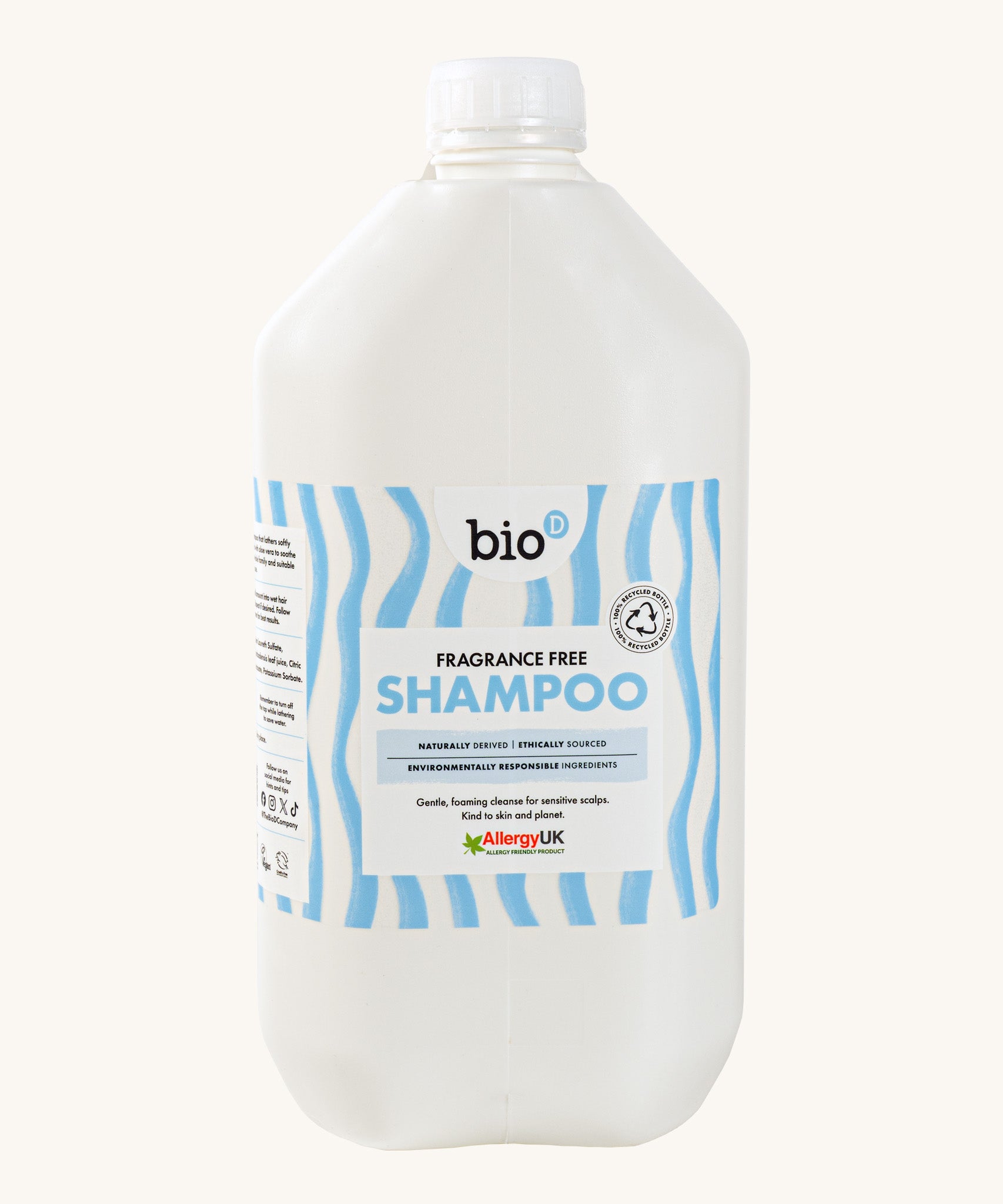 Front view of Bio-D Fragrance-Free Shampoo 5 litre refill bottle with white cap and blue wave label, showing Allergy UK approval.
