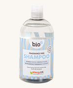 Front view of Bio-D Fragrance-Free Shampoo in a clear 500ml bottle, showing blue wave label design and Allergy UK approved logo.
