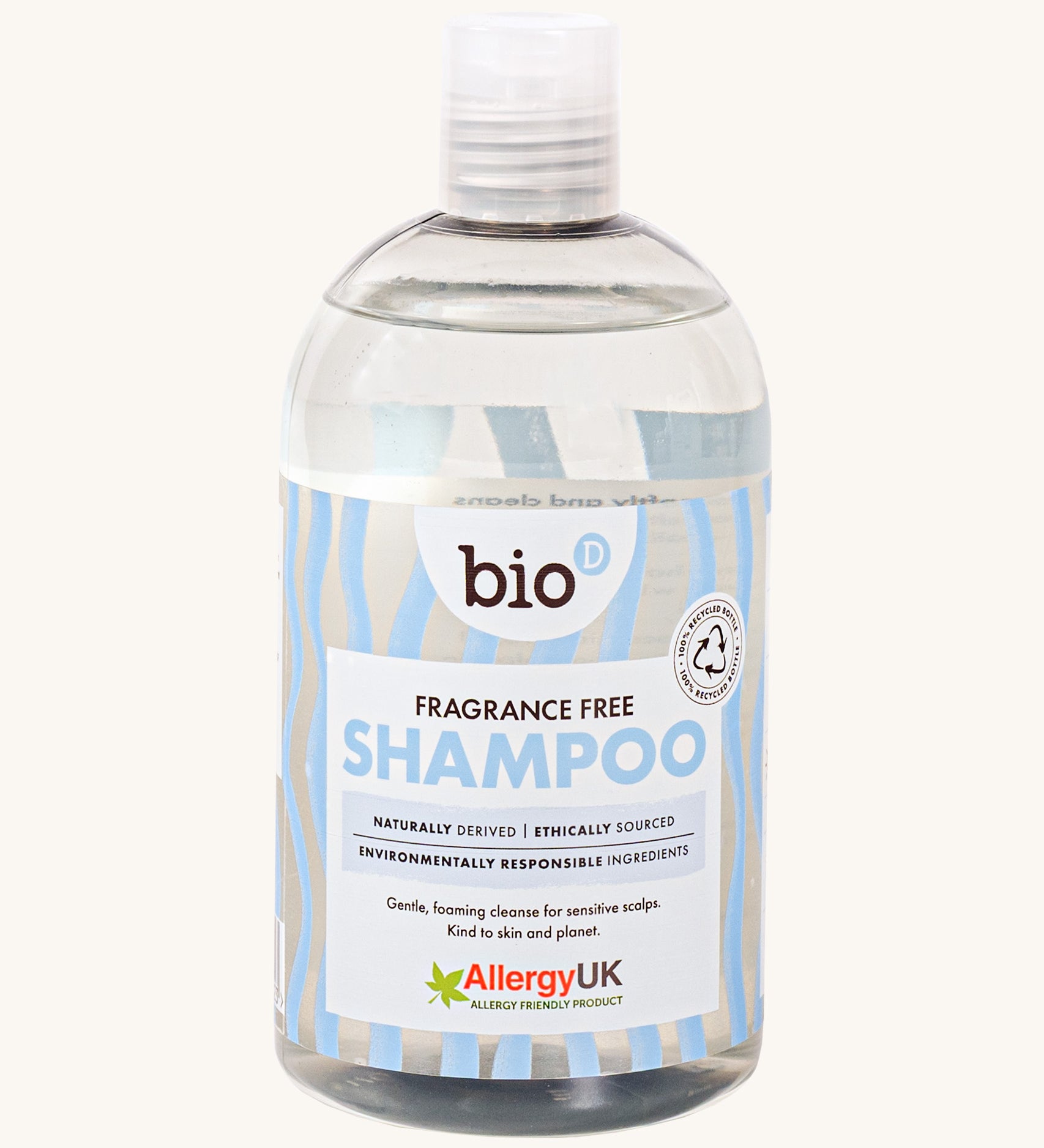 Front view of Bio-D Fragrance-Free Shampoo in a clear 500ml bottle, showing blue wave label design and Allergy UK approved logo.