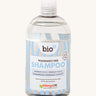 Front view of Bio-D Fragrance-Free Shampoo in a clear 500ml bottle, showing blue wave label design and Allergy UK approved logo.
