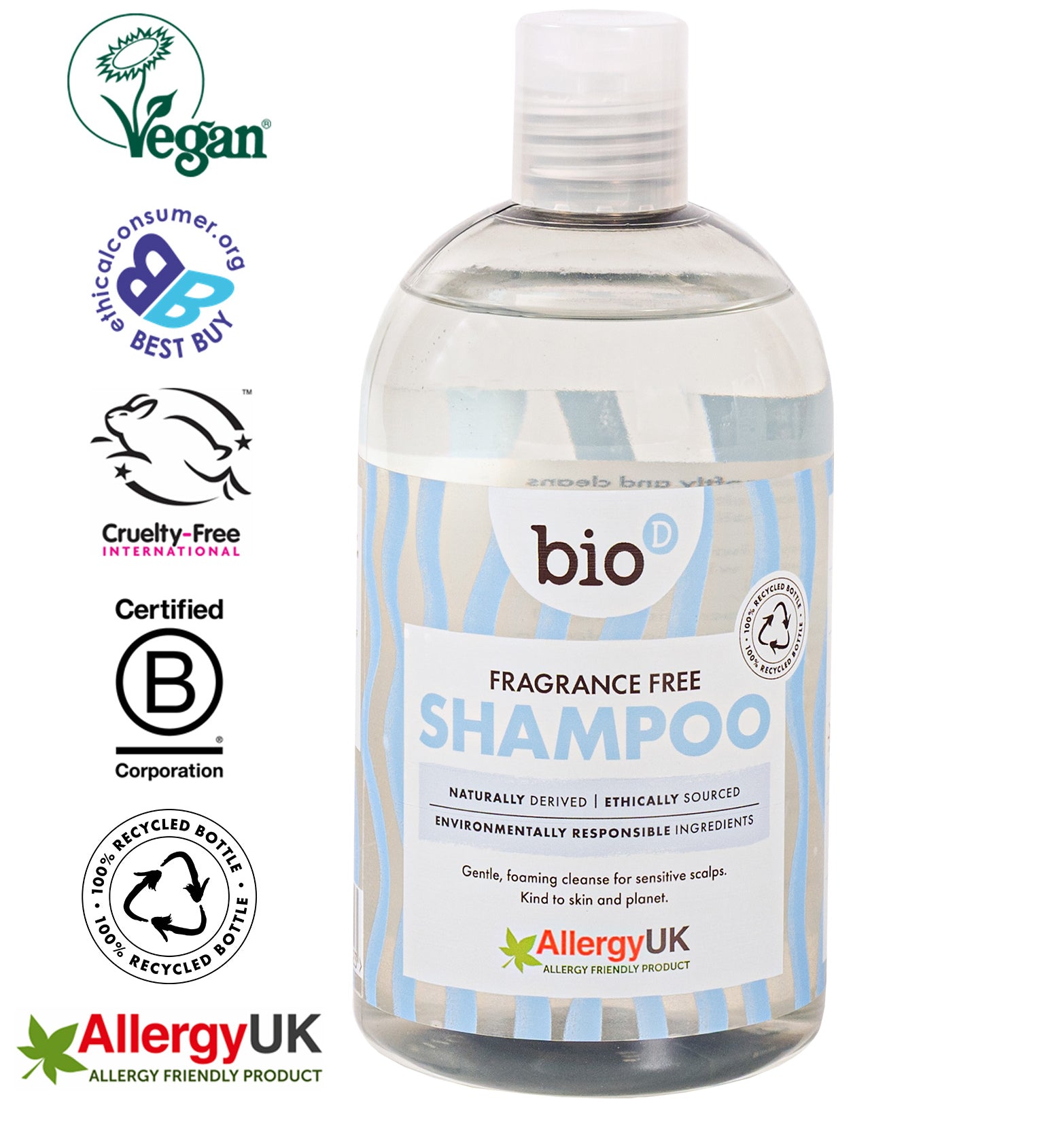 Collection of certification and award logos associated with Bio-D products, including Vegan Society, Cruelty Free International, Ethical Consumer Best Buy, Certified B Corporation, and Allergy UK. Next to shampoo bottle.