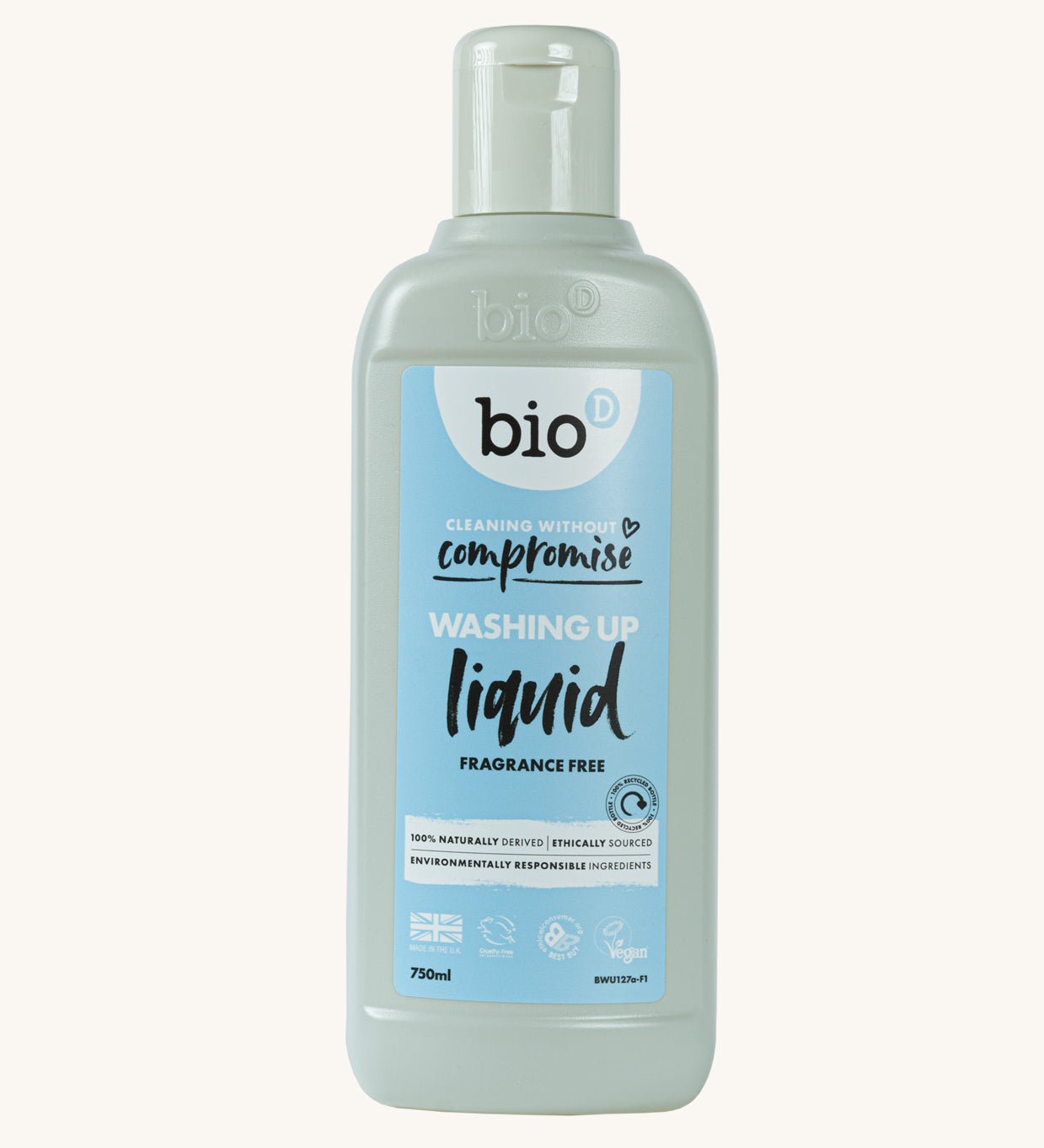 A 750ml bottle of Bio-D fragrance free washing up liquid, available at Babipur