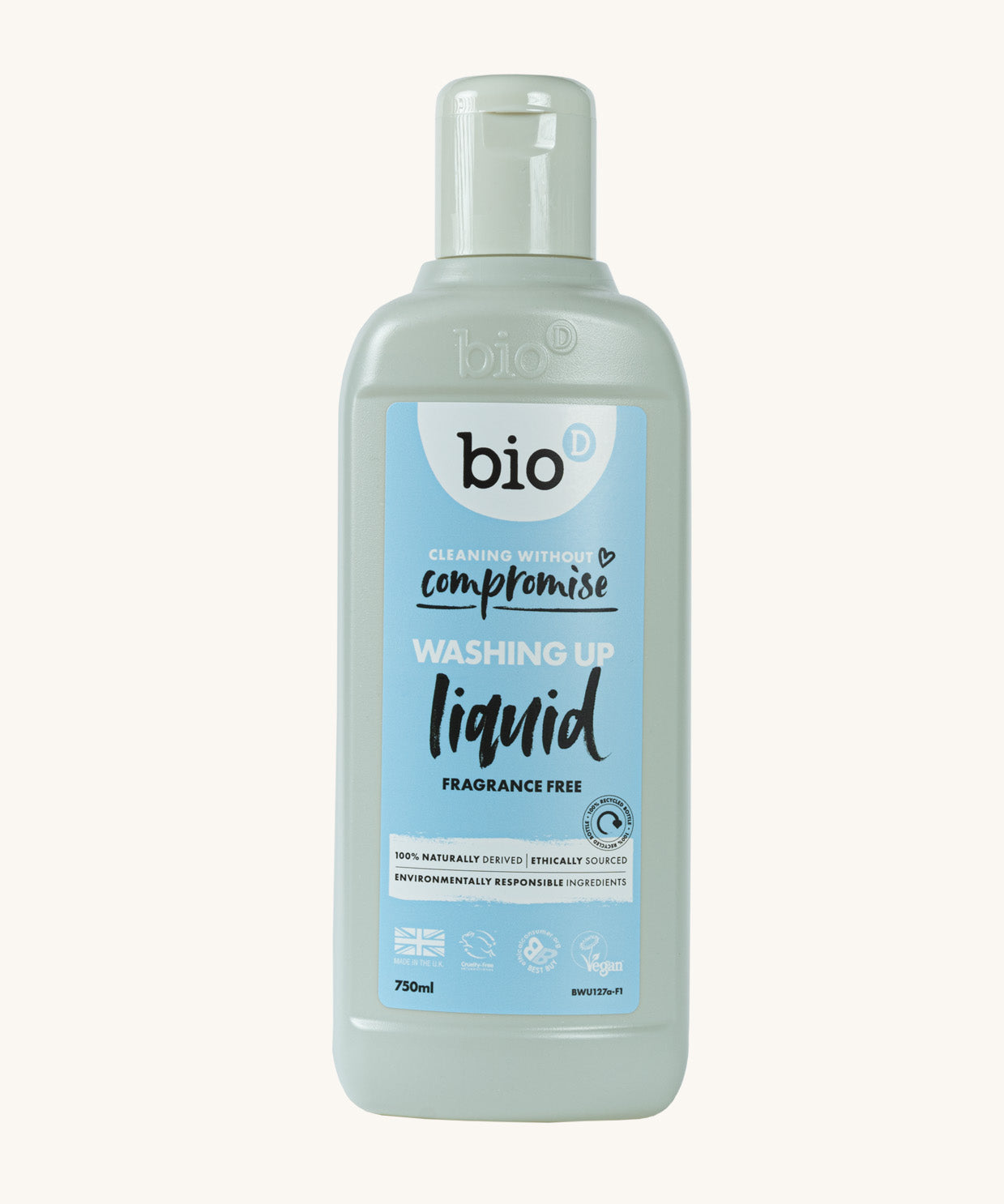 A 750ml bottle of Bio-D fragrance free washing up liquid, available at Babipur