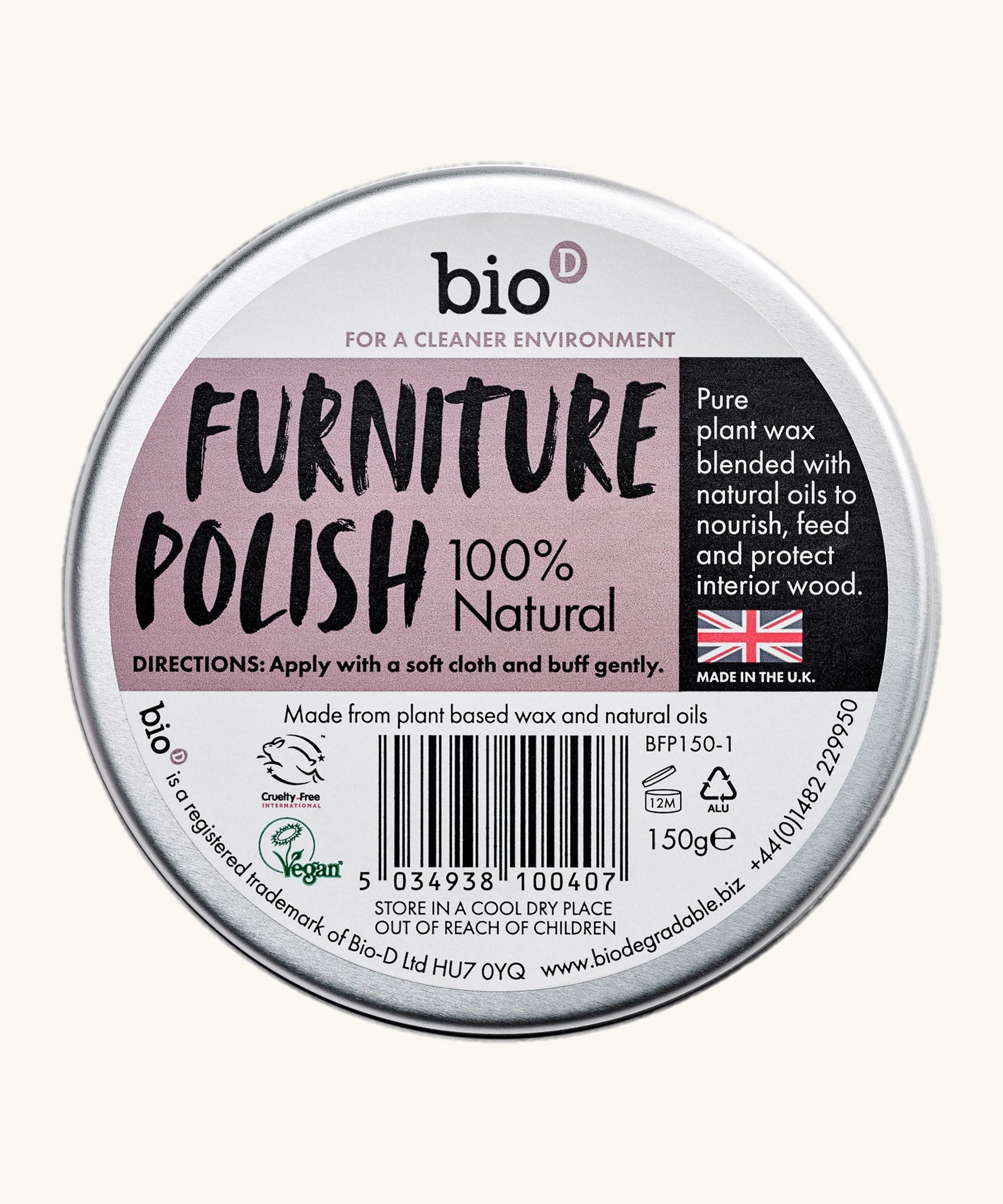 The back of the aluminium tin holding the Bio-D 100% natural furniture polish available at Babipur.