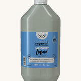 A 5L bottle of Bio-D fragrance free laundry liquid available at Babipur.. Features a cap for easy pouring.