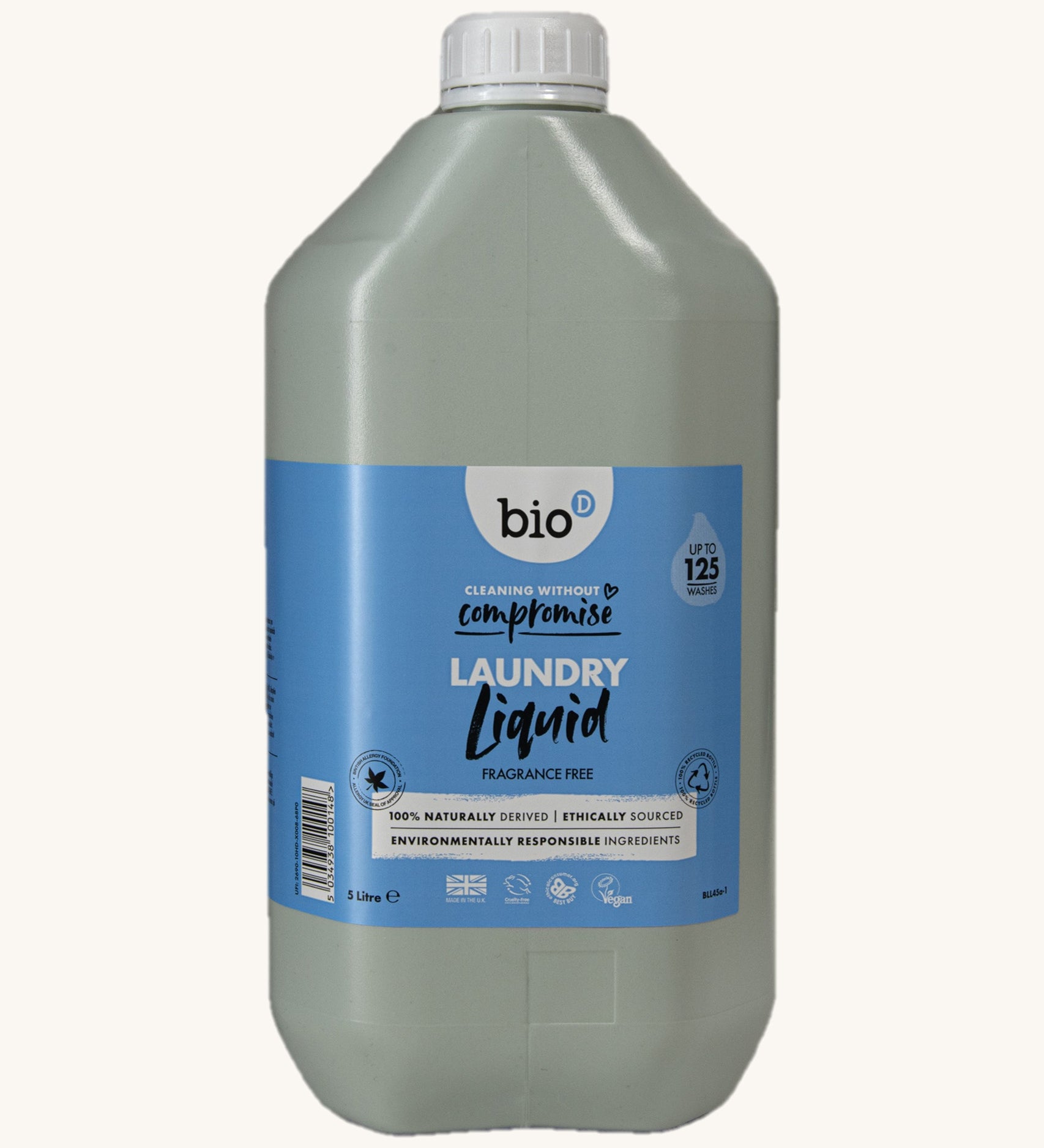 A 5L bottle of Bio-D fragrance free laundry liquid available at Babipur.. Features a cap for easy pouring.