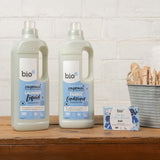 An image showing the different Bio-D laundry washing products including the fragrance free laundry liquid, fabric conditioner and stain remover bar. These are all available at Babipur