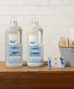 An image showing the different Bio-D laundry washing products including the fragrance free laundry liquid, fabric conditioner and stain remover bar. These are all available at Babipur