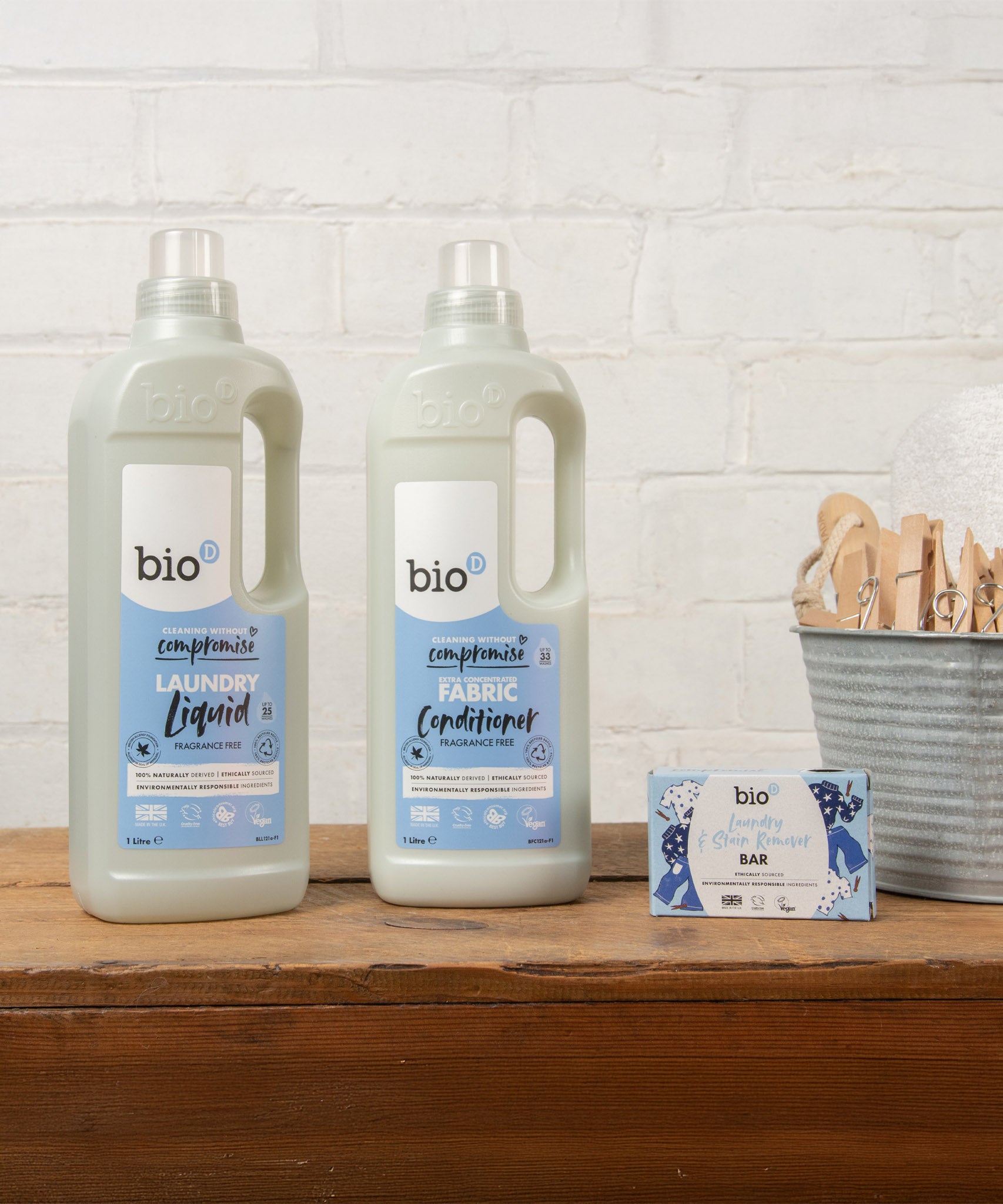An image showing the different Bio-D laundry washing products including the fragrance free laundry liquid, fabric conditioner and stain remover bar. These are all available at Babipur