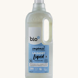 A 1L bottle of Bio-D fragrance free non bio laundry liquid available at Babipur.. Features a cap for easy pouring and a handle for carrying.