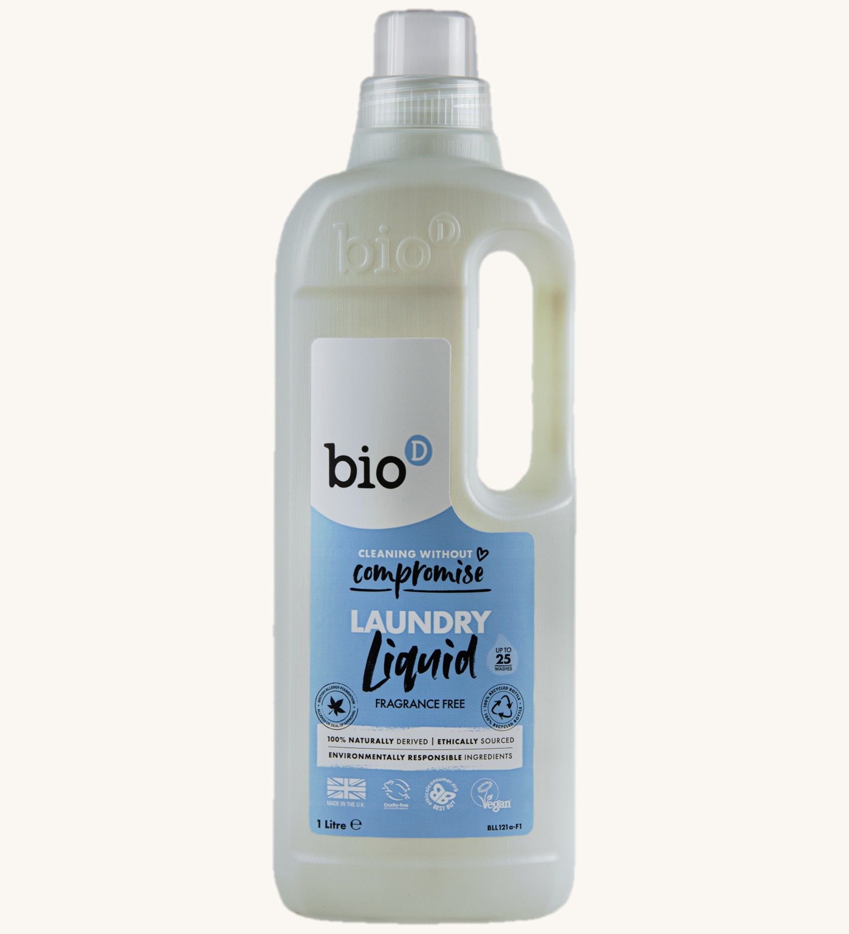 A 1L bottle of Bio-D fragrance free non bio laundry liquid available at Babipur.. Features a cap for easy pouring and a handle for carrying.