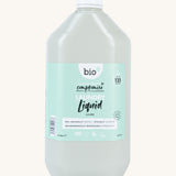 A 5L bottle of Bio-D juniper laundry liquid available at Babipur.. Features a cap for easy pouring.