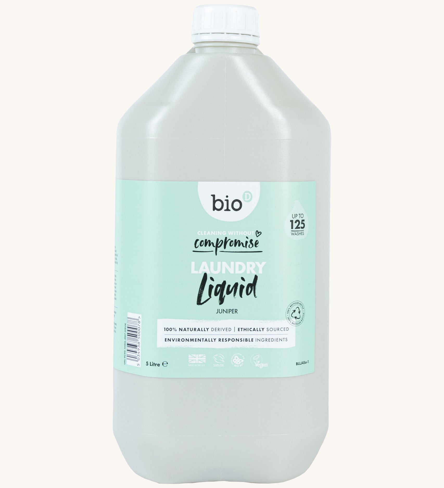 A 5L bottle of Bio-D juniper laundry liquid available at Babipur.. Features a cap for easy pouring.