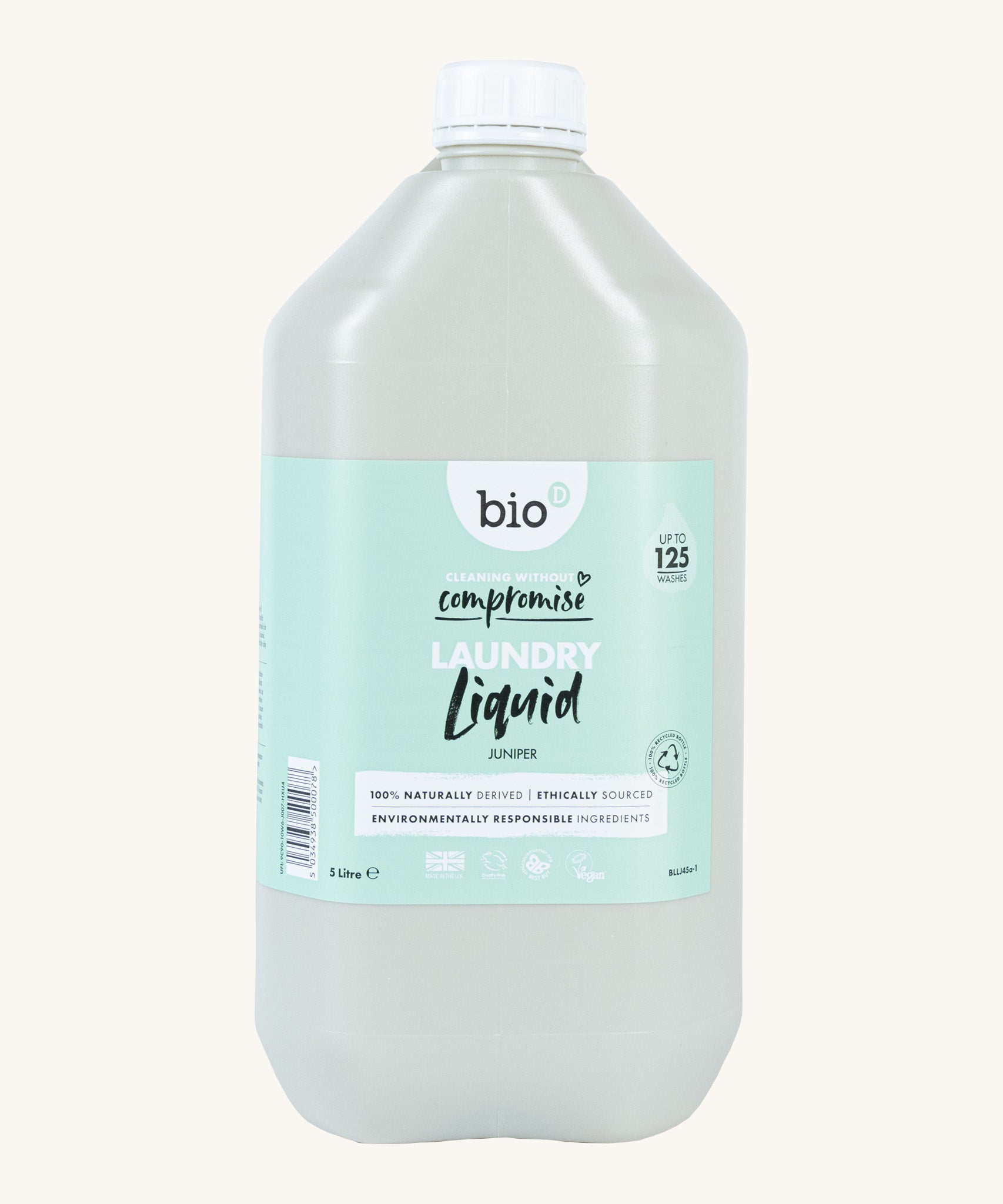A 5L bottle of Bio-D juniper laundry liquid available at Babipur.. Features a cap for easy pouring.