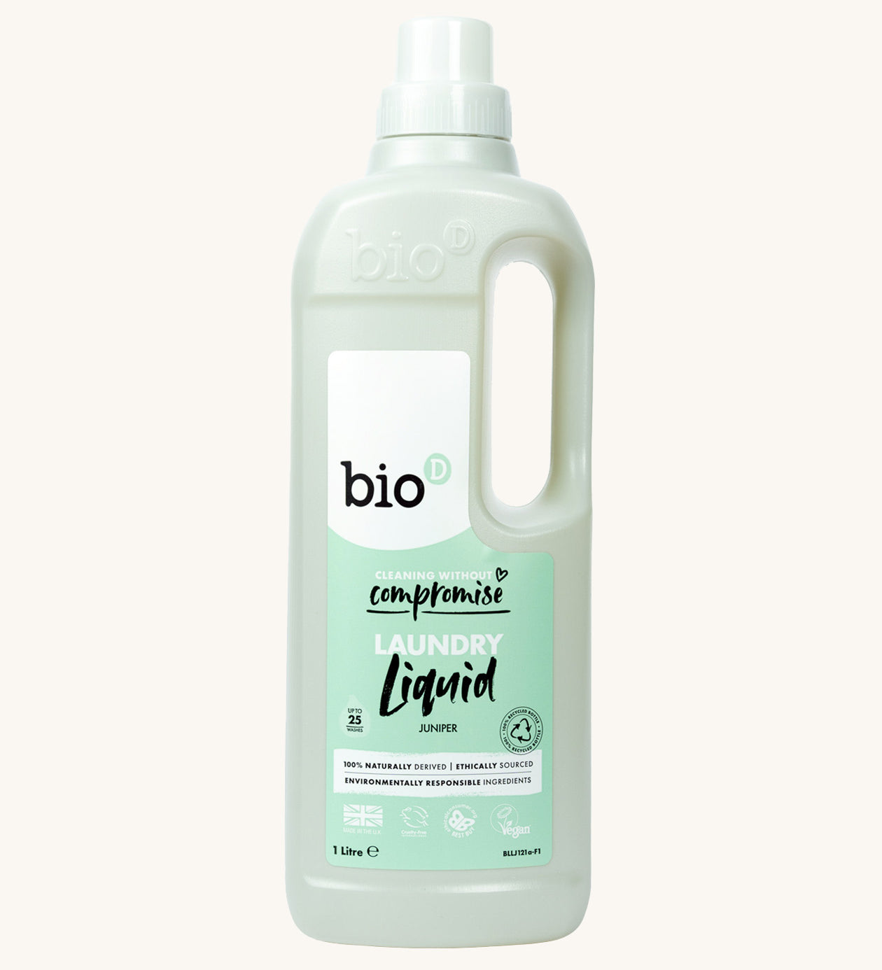 A 1L bottle of Bio-D juniper non bio laundry liquid available at Babipur.. Features a cap for easy pouring and a handle for carrying.
