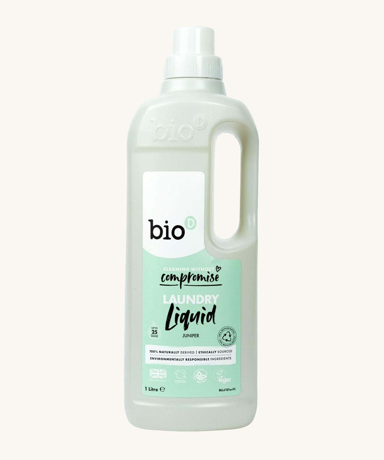 A 1L bottle of Bio-D juniper non bio laundry liquid available at Babipur.. Features a cap for easy pouring and a handle for carrying.