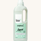 A 1L bottle of Bio-D juniper non bio laundry liquid available at Babipur.. Features a cap for easy pouring and a handle for carrying.