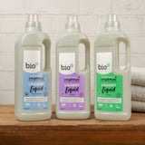 A group image of the difference Bio-D laundry liquid bottles including the fragrance free, lavender and juniper bottles. These are available at Babipur