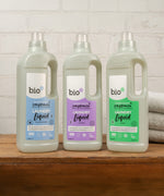 A group image of the difference Bio-D laundry liquid bottles including the fragrance free, lavender and juniper bottles. These are available at Babipur