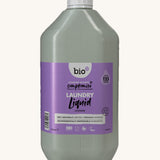 A 5L bottle of Bio-D lavender laundry liquid available at Babipur.. Features a cap for easy pouring.