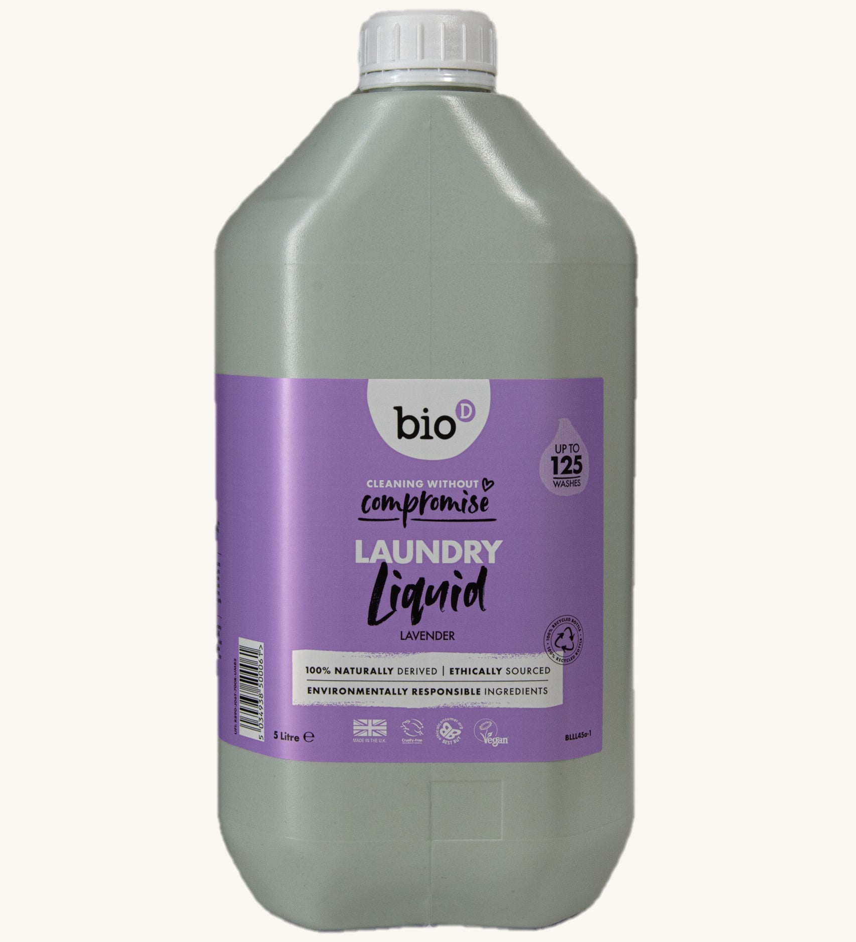 A 5L bottle of Bio-D lavender laundry liquid available at Babipur.. Features a cap for easy pouring.