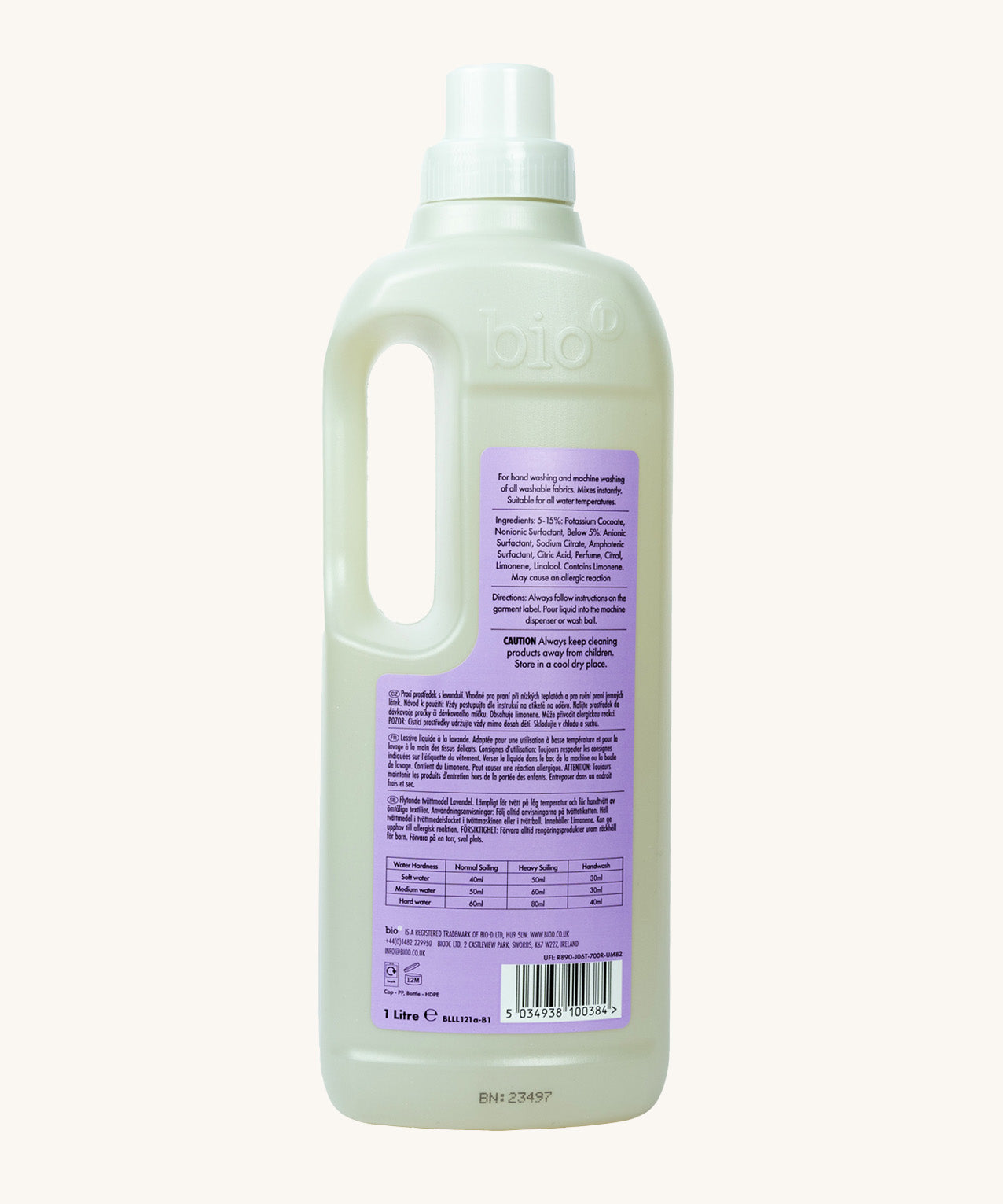 The back of the A 1L bottle of Bio-D lavender non bio laundry liquid available at Babipur, showing the ingredients list