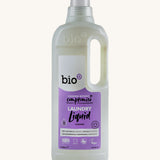 A 1L bottle of Bio-D lavender non bio laundry liquid available at Babipur.. Features a cap for easy pouring and a handle for carrying.
