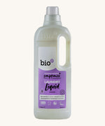 A 1L bottle of Bio-D lavender non bio laundry liquid available at Babipur.. Features a cap for easy pouring and a handle for carrying.