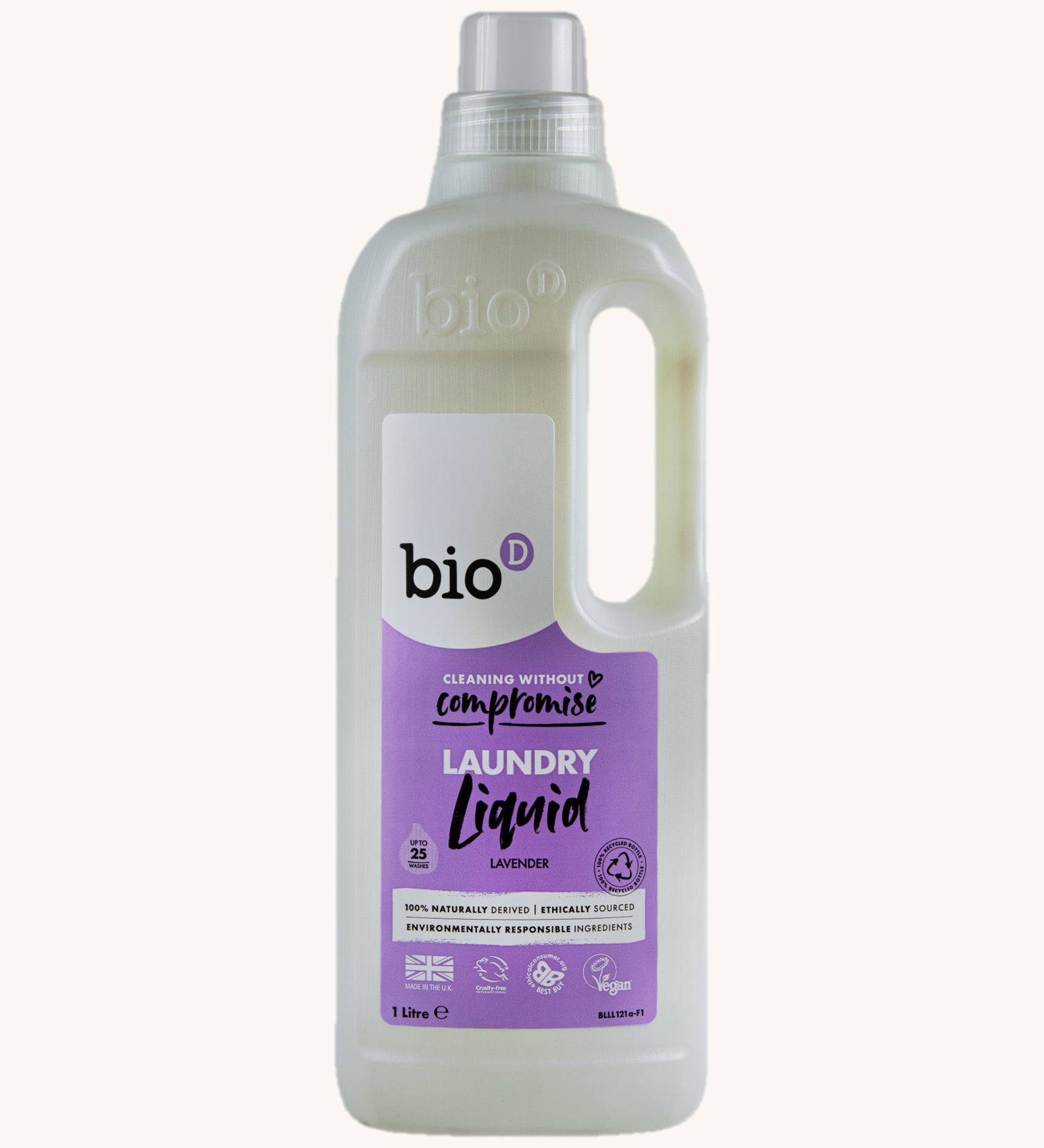A 1L bottle of Bio-D lavender non bio laundry liquid available at Babipur.. Features a cap for easy pouring and a handle for carrying.