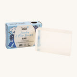 An open Bio-D laundry stain remover box with the 90g bar next o ti. This is available at Babipur. Comes in a light blue box with a playful laundry design