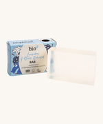 An open Bio-D laundry stain remover box with the 90g bar next o ti. This is available at Babipur. Comes in a light blue box with a playful laundry design