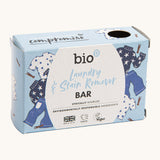 Bio-D laundry stain remover 90g bar available at Babipur. Comes in a light blue box with a playful laundry design