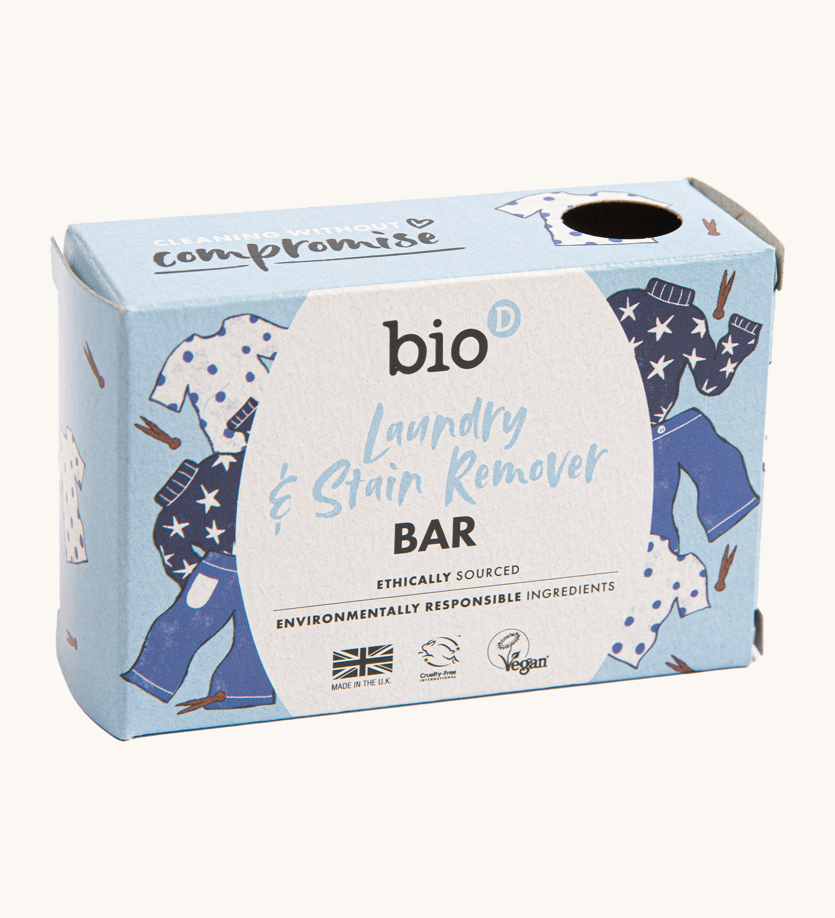 Bio-D laundry stain remover 90g bar available at Babipur. Comes in a light blue box with a playful laundry design