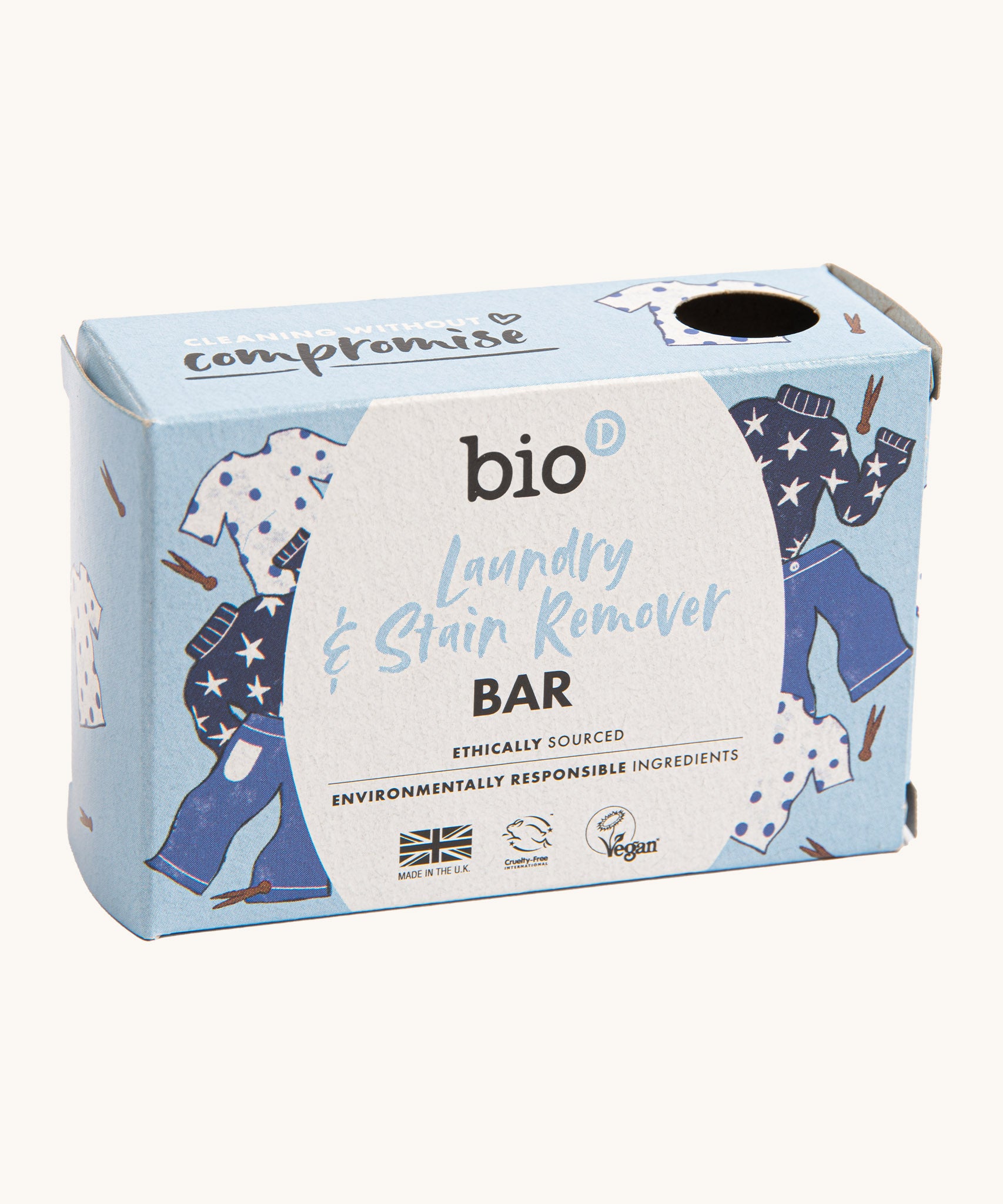 Bio-D laundry stain remover 90g bar available at Babipur. Comes in a light blue box with a playful laundry design