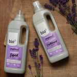 Bio D eco-friendly vegan lavender laundry liquid 1L bottle and conditioner 1 Litre bottle on a white towel