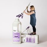 Bio D eco-friendly vegan lavender laundry liquid 1L bottle and conditioner 1 Litre bottle on a grassy background
