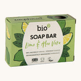 Bio-D lime & aloe vera soap bar available at Babipur. This soap bar is 90g and presented in a light green box with a lime and aloe design