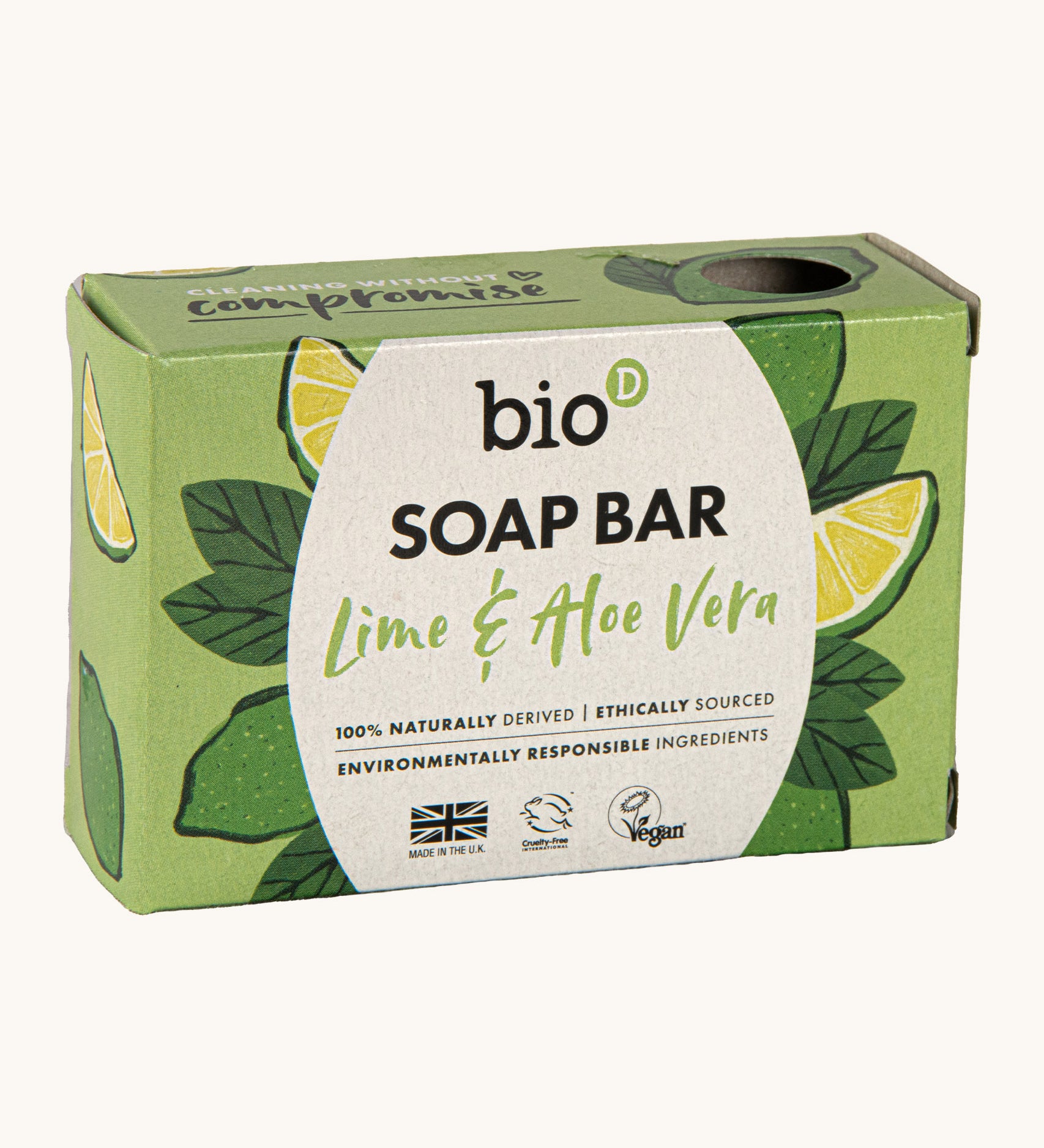 Bio-D lime & aloe vera soap bar available at Babipur. This soap bar is 90g and presented in a light green box with a lime and aloe design