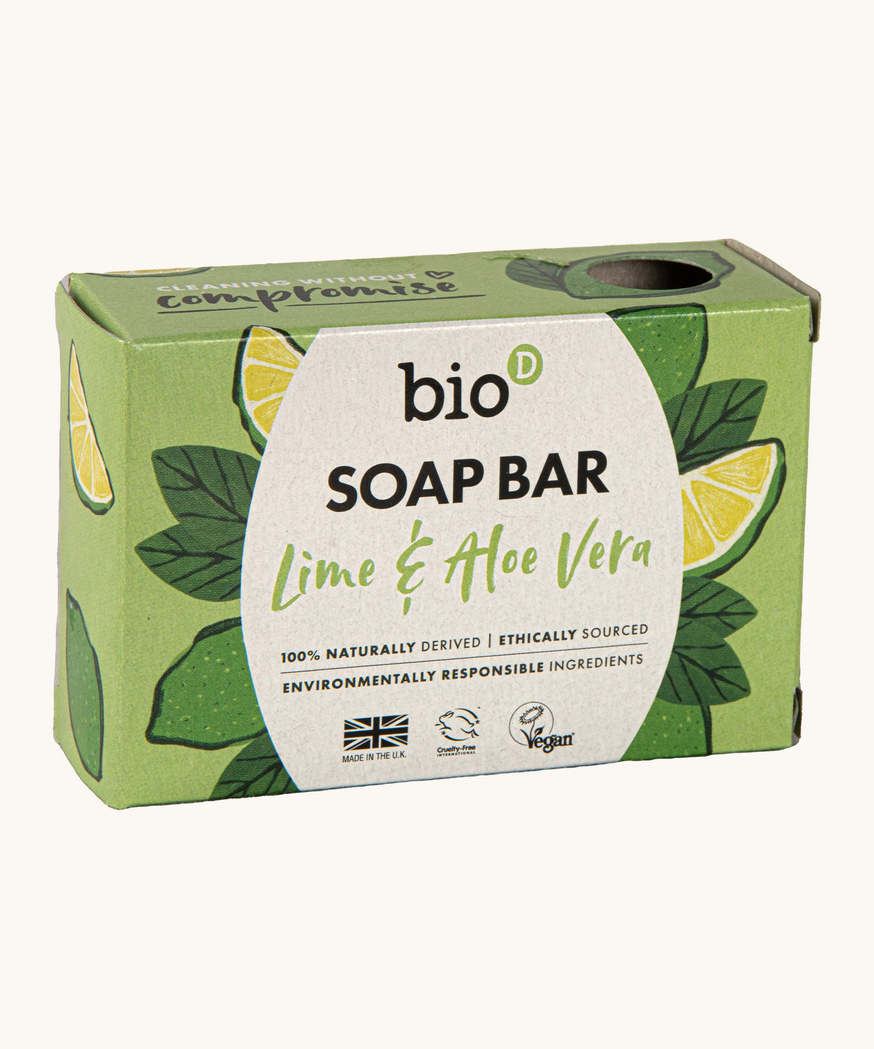Bio-D lime & aloe vera soap bar available at Babipur. This soap bar is 90g and presented in a light green box with a lime and aloe design
