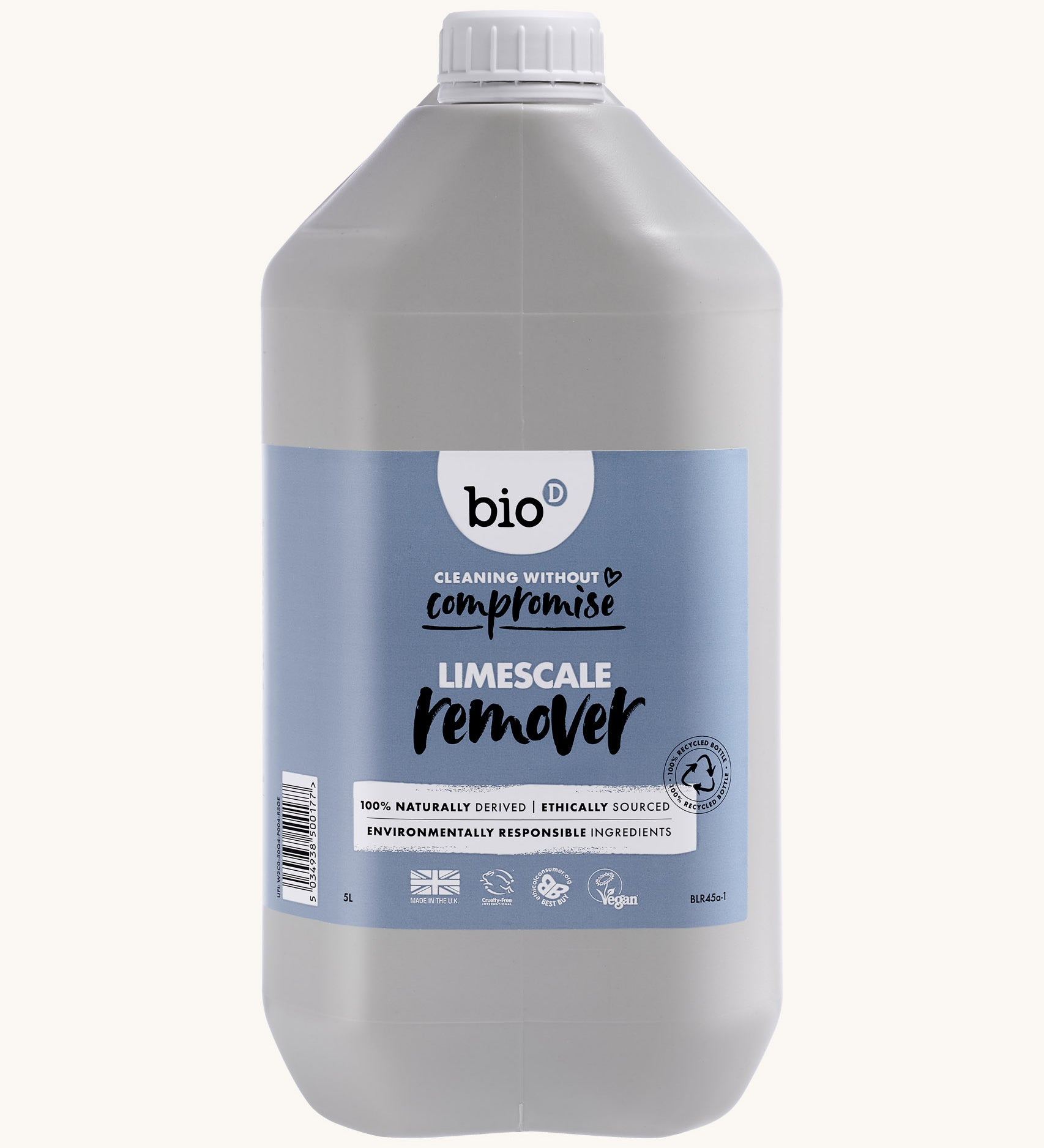 A 5L bottle of Bio-D limescale remover, available at Babipur. This bottle comes with a handle for easy carrying