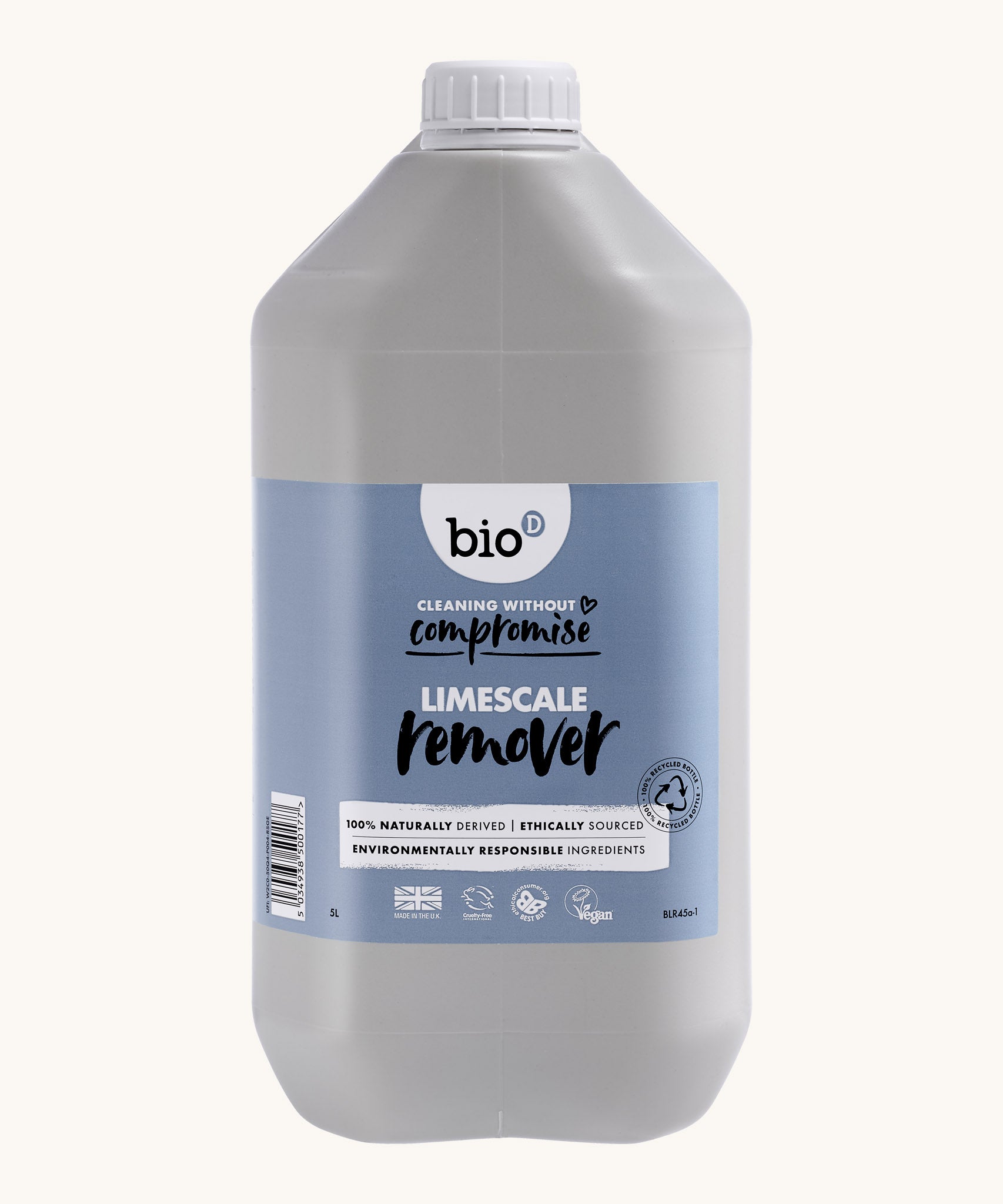 A 5L bottle of Bio-D limescale remover, available at Babipur. This bottle comes with a handle for easy carrying