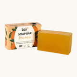 An open Bio-D mandarin soap box standing next to the soap bar available at Babipur. 