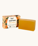An open Bio-D mandarin soap box standing next to the soap bar available at Babipur. 