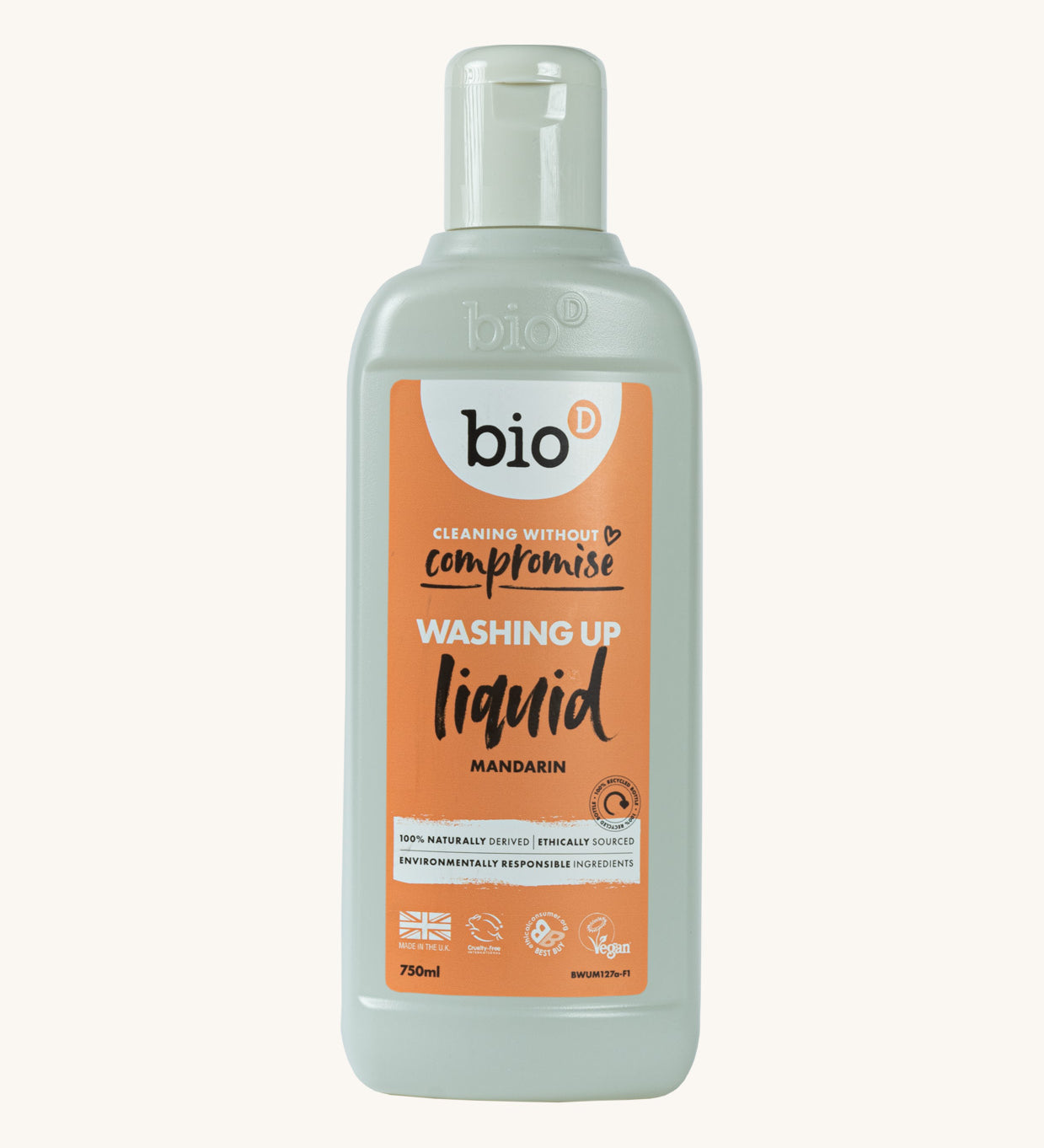 A 750ml bottle of Bio-D mandarin washing up liquid, available at Babipur