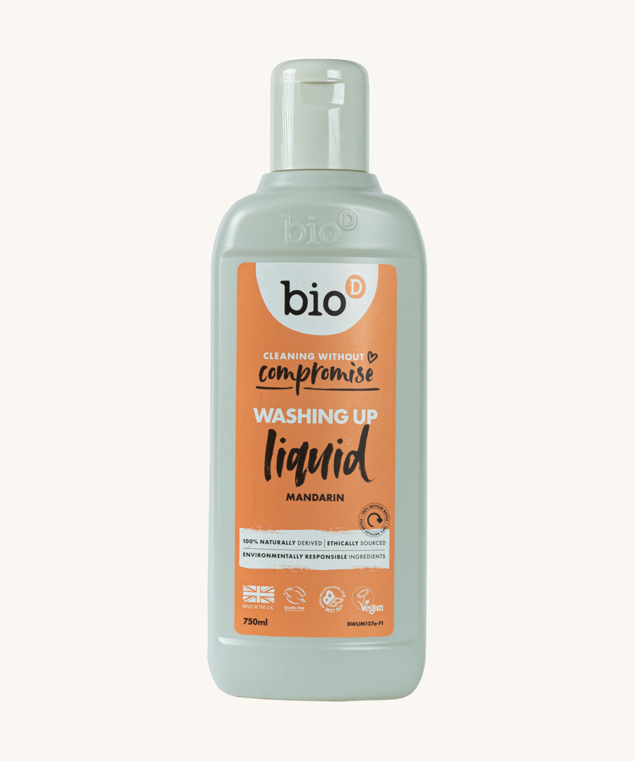 A 750ml bottle of Bio-D mandarin washing up liquid, available at Babipur