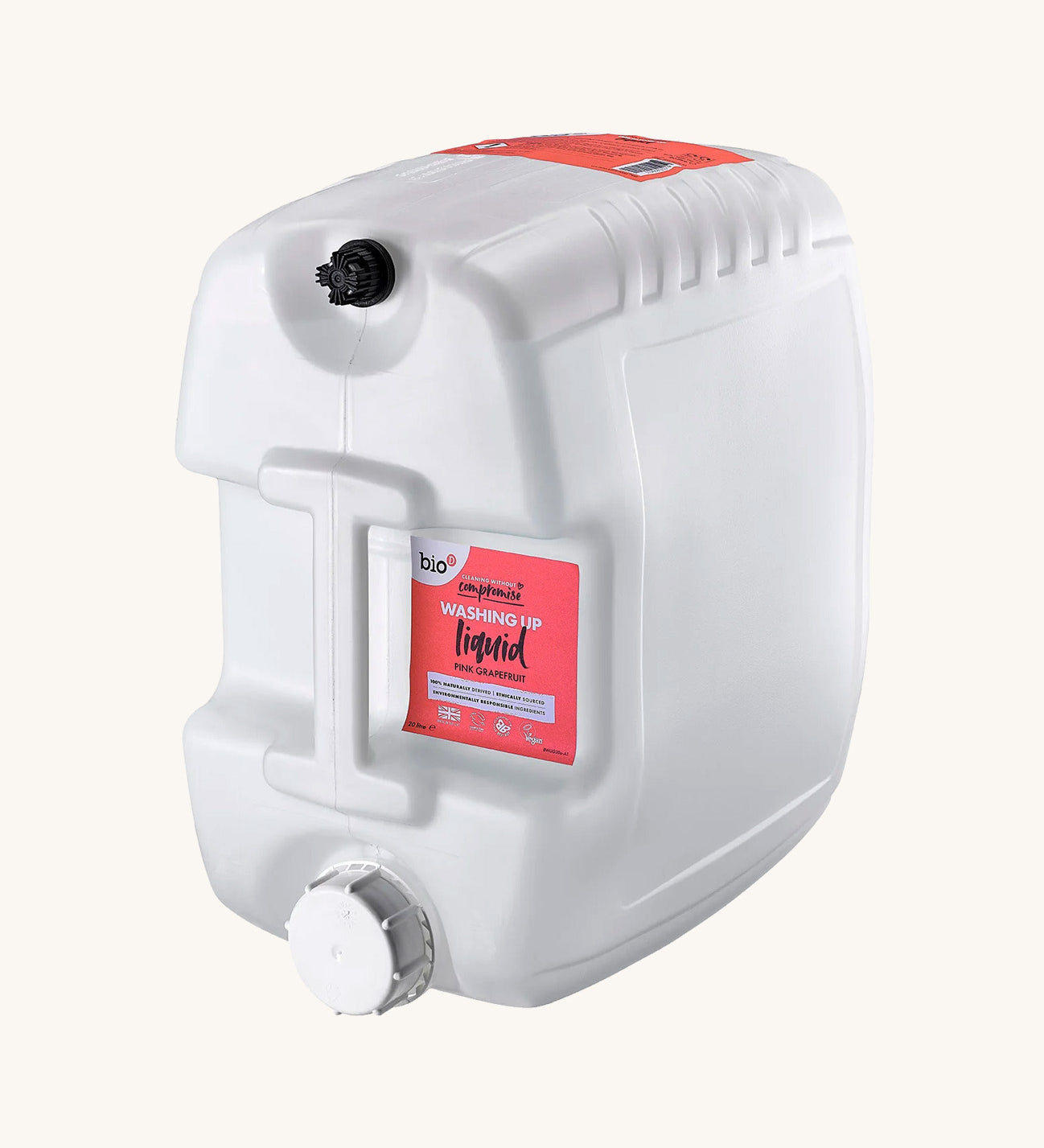 Bio-D 20 litre washing up liquid refill in Pink Grapefruit, shown in its reusable closed loop container with front label visible, available as a bulk eco-friendly refill at Babipur.