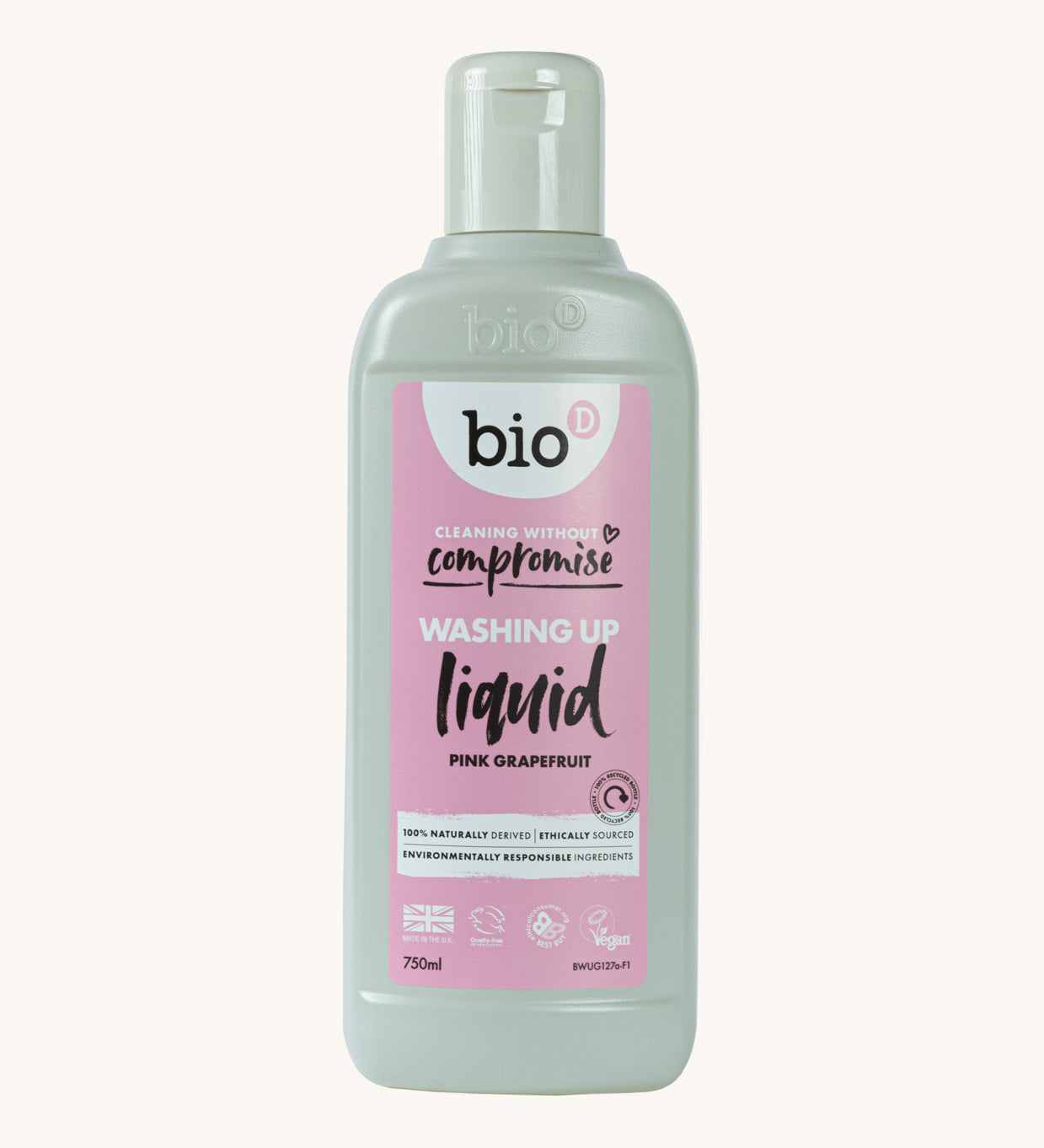 A 750ml bottle of Bio-D pink grapefruit washing up liquid, available at Babipur