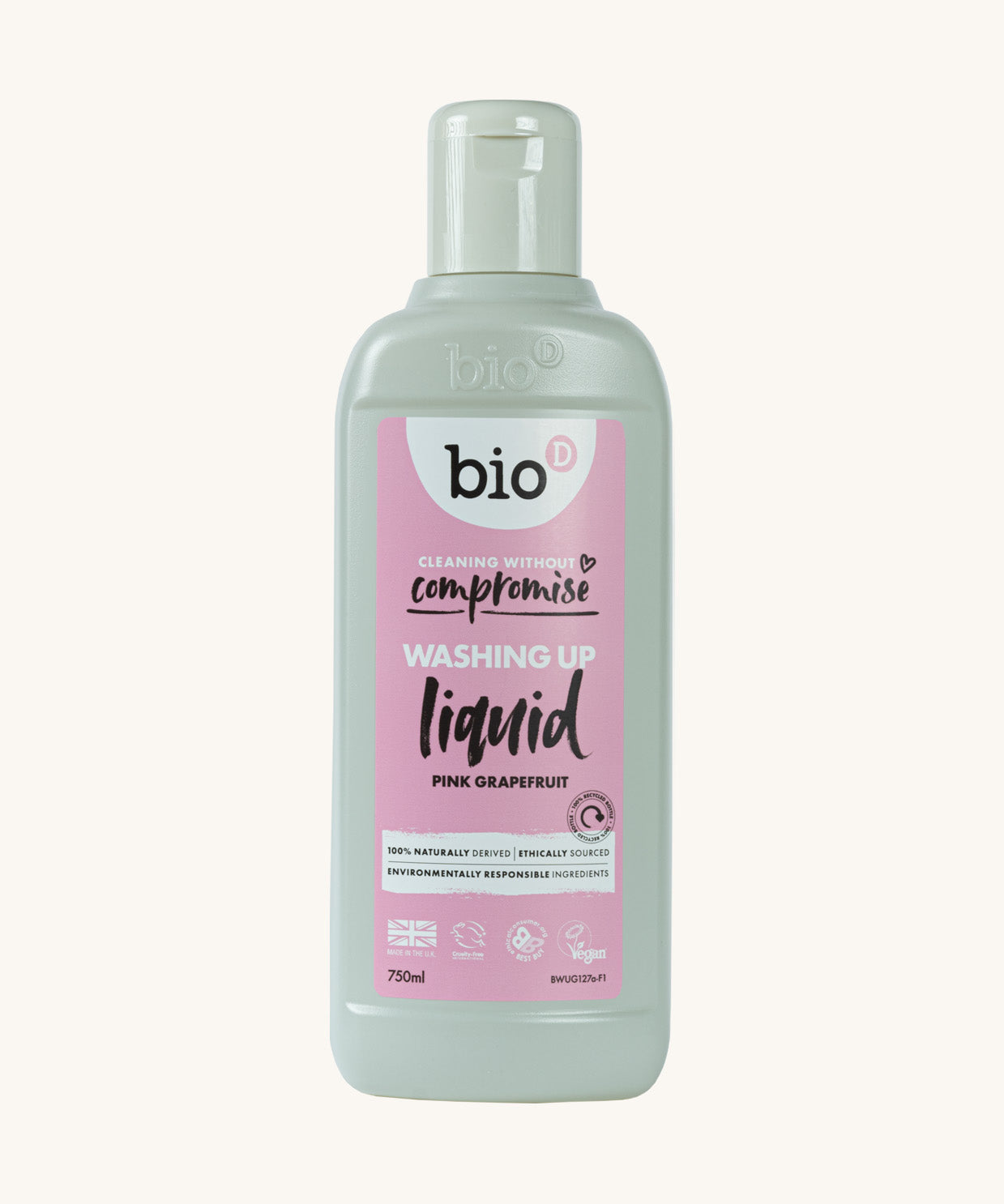 A 750ml bottle of Bio-D pink grapefruit washing up liquid, available at Babipur