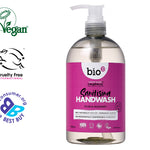 Bio D 500ml plum and mulberry sanitising hand wash bottle on a white background