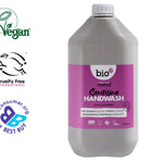 Bio D plum and mulberry 5L sanitising hand wash bottle on a white background